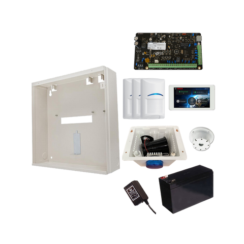 BOSCH 3000 HARDWIRED ALARM KIT INCLUDES 1x SOLUTION 3000 PCB 1x 5" TOUCHSCREEN 3x BLUE LINE PIRs 1x MW250 METAL ENCLOSURE 1x 12V7Ah BATTERY 1x 18VAC POWER SUPPLY 1x STROBE/SIREN/PIEZO