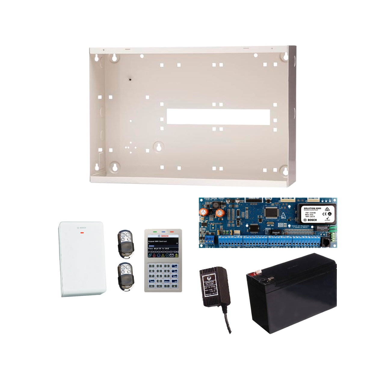 BOSCH 6000 HARDWIRED ALARM KIT INCLUDES 1x SOLUTION 6000 PCB WITH PROX KEYPAD 1x MW350 METAL ENCLOSURE 1x 12V7Ah BATTERY 1x 18VAC POWER SUPPLY 2x PREMIUM 4 BUTTON REMOTES 1x SOLUTION 6000 RADION RECEIVER NO PIR