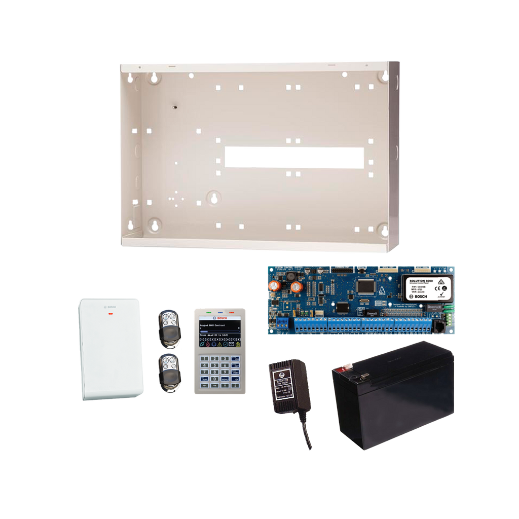 BOSCH 6000 HARDWIRED ALARM KIT INCLUDES 1x SOLUTION 6000 PCB WITH PROX KEYPAD 1x MW350 METAL ENCLOSURE 1x 12V7Ah BATTERY 1x 18VAC POWER SUPPLY 2x PREMIUM 4 BUTTON REMOTES 1x SOLUTION 6000 RADION RECEIVER NO PIR