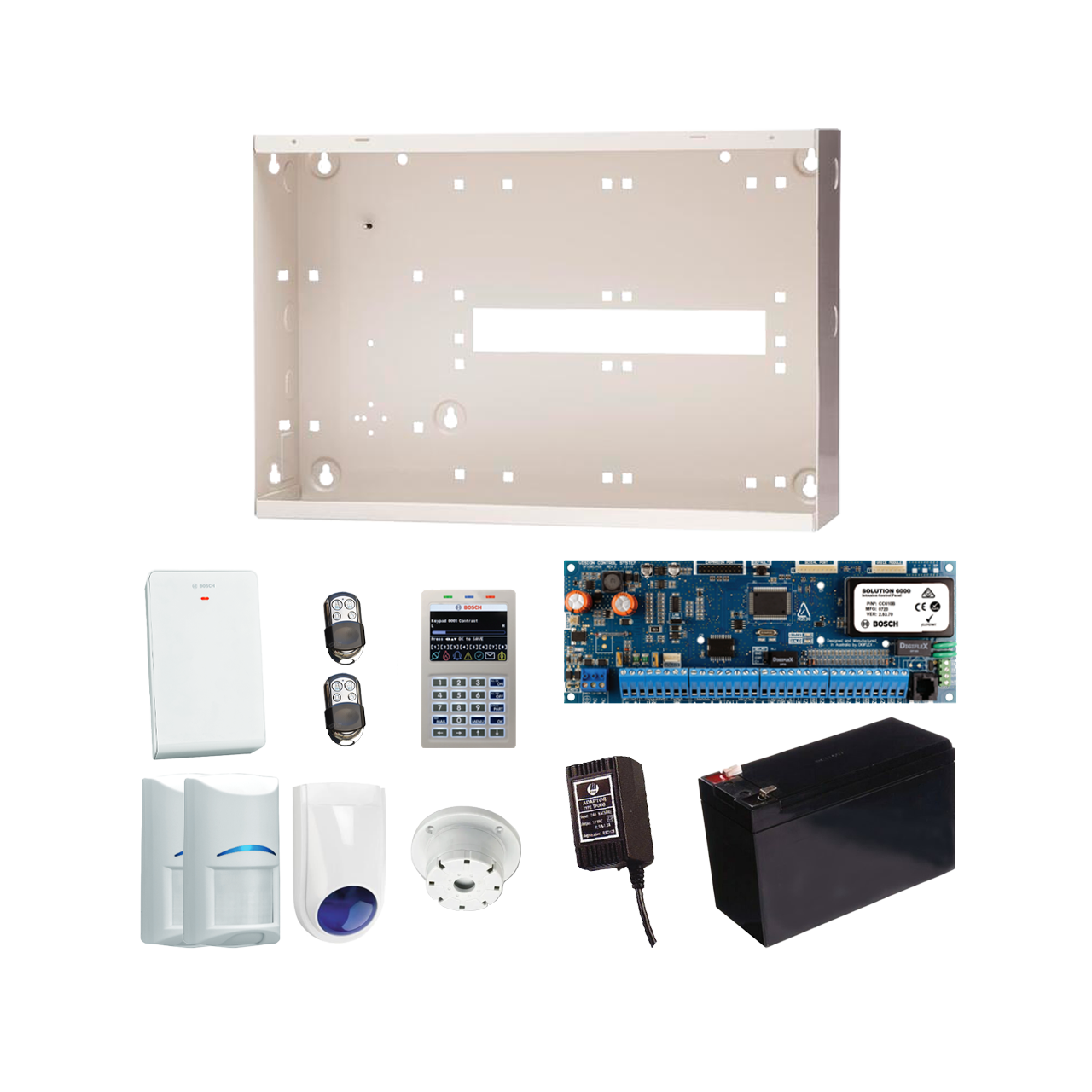 BOSCH 6000 HARDWIRED ALARM KIT INCLUDES 1x SOLUTION 6000 PCB WITH WIFI KEYPAD 2x WIRELESS PET PIRs 1x MW350 METAL ENCLOSURE 1x 12V7Ah BATTERY 1x 18VAC POWER SUPPLY 2x PREMIUM 4 BUTTON REMOTES 1x SOLUTION 6000 RADION RECEIVER