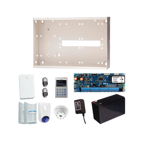 BOSCH 6000 HARDWIRED ALARM KIT INCLUDES 1x SOLUTION 6000 PCB WITH WIFI KEYPAD 2x WIRELESS PET PIRs 1x MW350 METAL ENCLOSURE 1x 12V7Ah BATTERY 1x 18VAC POWER SUPPLY 2x PREMIUM 4 BUTTON REMOTES 1x SOLUTION 6000 RADION RECEIVER