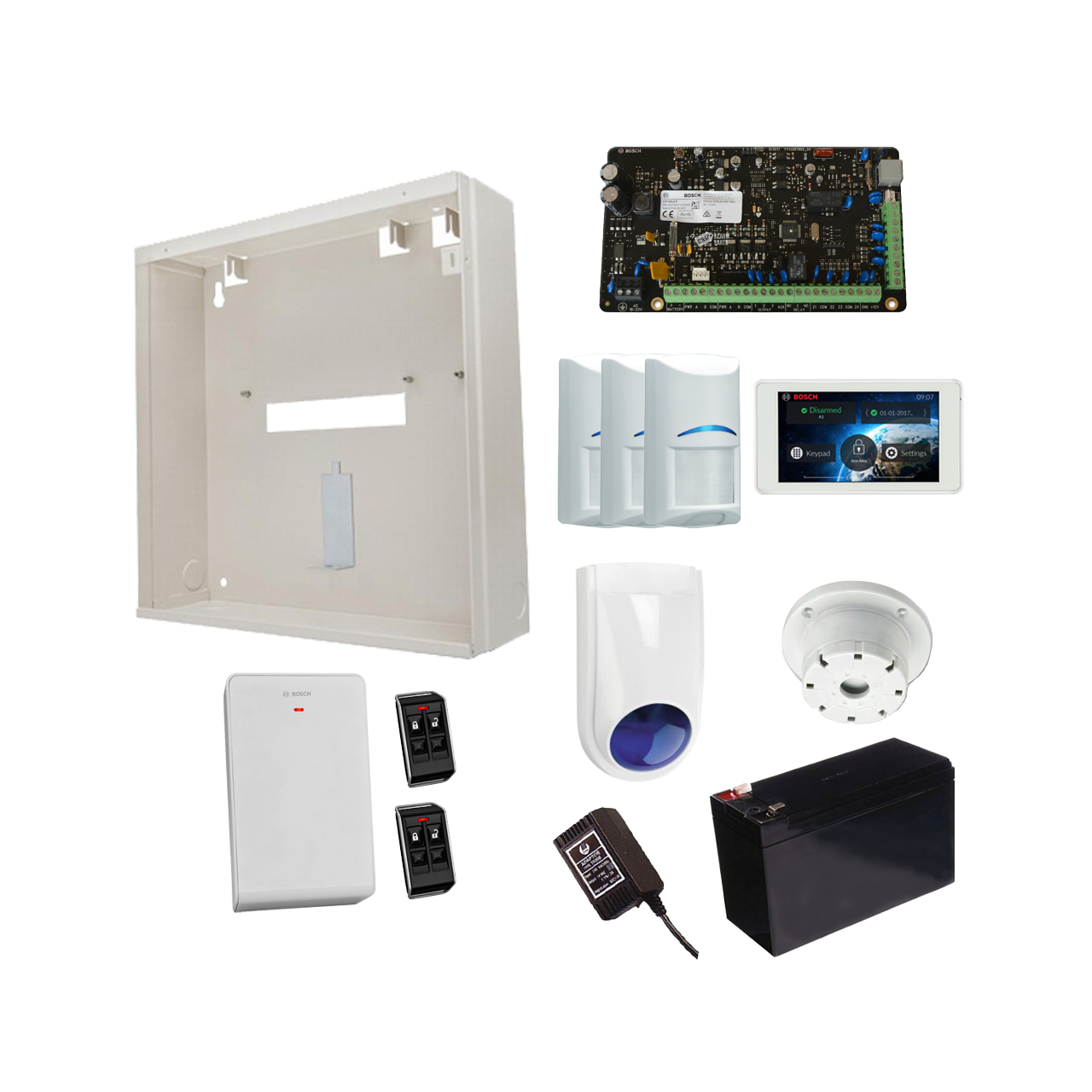 BOSCH 3000 HARDWIRED ALARM KIT INCLUDES 1x SOLUTION 3000 PCB 1x 5" TOUCHSCREEN 3x WIRELESS PET PIRs 1x MW250 METAL ENCLOSURE 1x 12V7Ah BATTERY 1x 18VAC POWER SUPPLY 2x DELUXE 4 BUTTON REMOTES