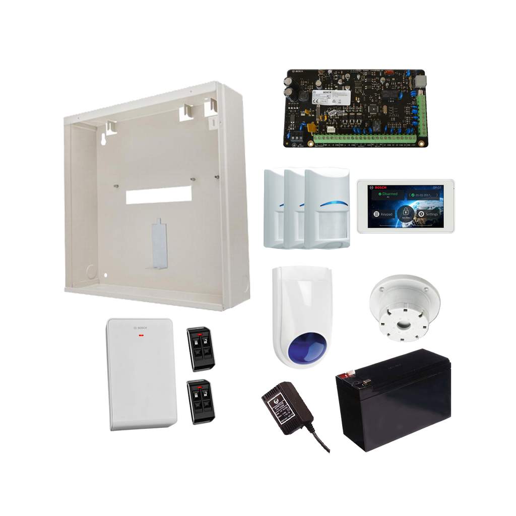 BOSCH 3000 HARDWIRED ALARM KIT INCLUDES 1x SOLUTION 3000 PCB 1x 5" TOUCHSCREEN 3x WIRELESS PET PIRs 1x MW250 METAL ENCLOSURE 1x 12V7Ah BATTERY 1x 18VAC POWER SUPPLY 2x DELUXE 4 BUTTON REMOTES