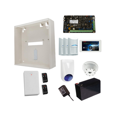 BOSCH 3000 HARDWIRED ALARM KIT INCLUDES 1x SOLUTION 3000 PCB 1x 5" TOUCHSCREEN 3x WIRELESS PET PIRs 1x MW250 METAL ENCLOSURE 1x 12V7Ah BATTERY 1x 18VAC POWER SUPPLY 2x DELUXE 4 BUTTON REMOTES