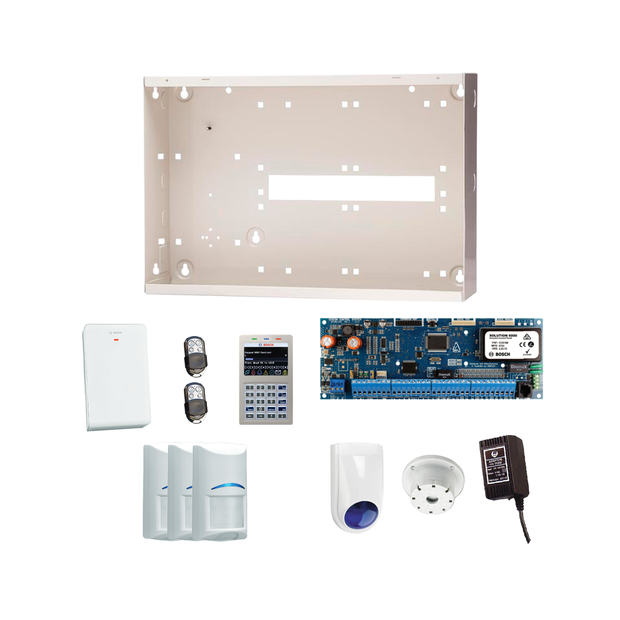 BOSCH 6000 HARDWIRED ALARM KIT INCLUDES 1x SOLUTION 6000 PCB WITH PROX KEYPAD 3x WIRELESS PET PIRs 1x MW350 METAL ENCLOSURE 1x 18VAC POWER SUPPLY 2x PREMIUM 4 BUTTON REMOTES 1x SOLUTION 6000 RADION RECEIVER