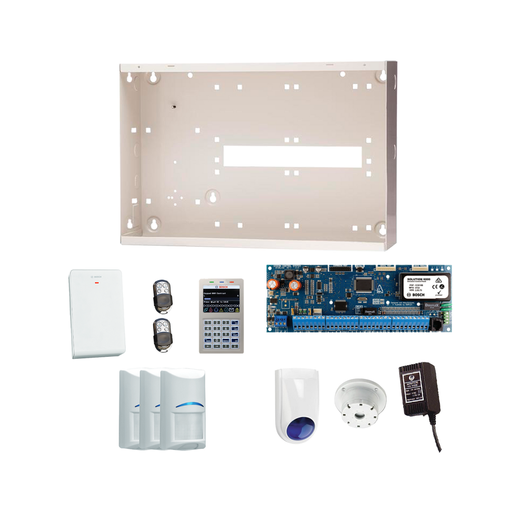BOSCH 6000 HARDWIRED ALARM KIT INCLUDES 1x SOLUTION 6000 PCB WITH PROX KEYPAD 3x WIRELESS PET PIRs 1x MW350 METAL ENCLOSURE 1x 18VAC POWER SUPPLY 2x PREMIUM 4 BUTTON REMOTES 1x SOLUTION 6000 RADION RECEIVER