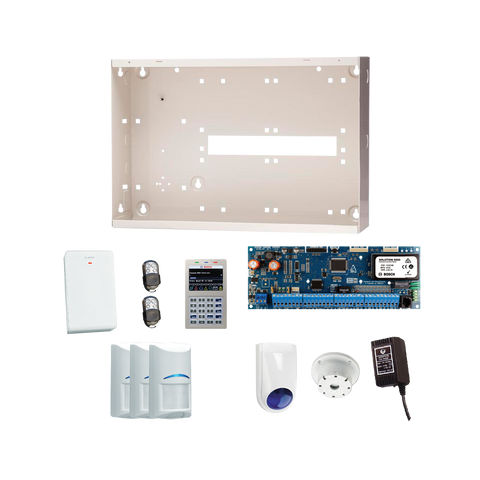 BOSCH 6000 HARDWIRED ALARM KIT INCLUDES 1x SOLUTION 6000 PCB WITH PROX KEYPAD 3x WIRELESS PET PIRs 1x MW350 METAL ENCLOSURE 1x 18VAC POWER SUPPLY 2x PREMIUM 4 BUTTON REMOTES 1x SOLUTION 6000 RADION RECEIVER