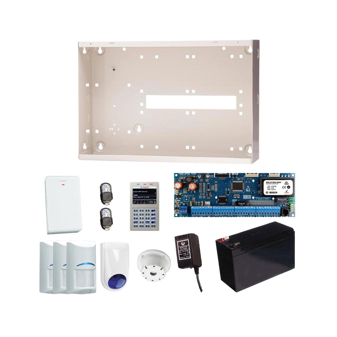 BOSCH 6000 HARDWIRED ALARM KIT INCLUDES 1x SOLUTION 6000 PCB WITH PROX KEYPAD 3x WIRELESS PET PIRs 1x MW350 METAL ENCLOSURE 1x 12V7Ah BATTERY 1x 18VAC POWER SUPPLY 2x PREMIUM 4 BUTTON REMOTES 1x SOLUTION 6000 RADION RECEIVER