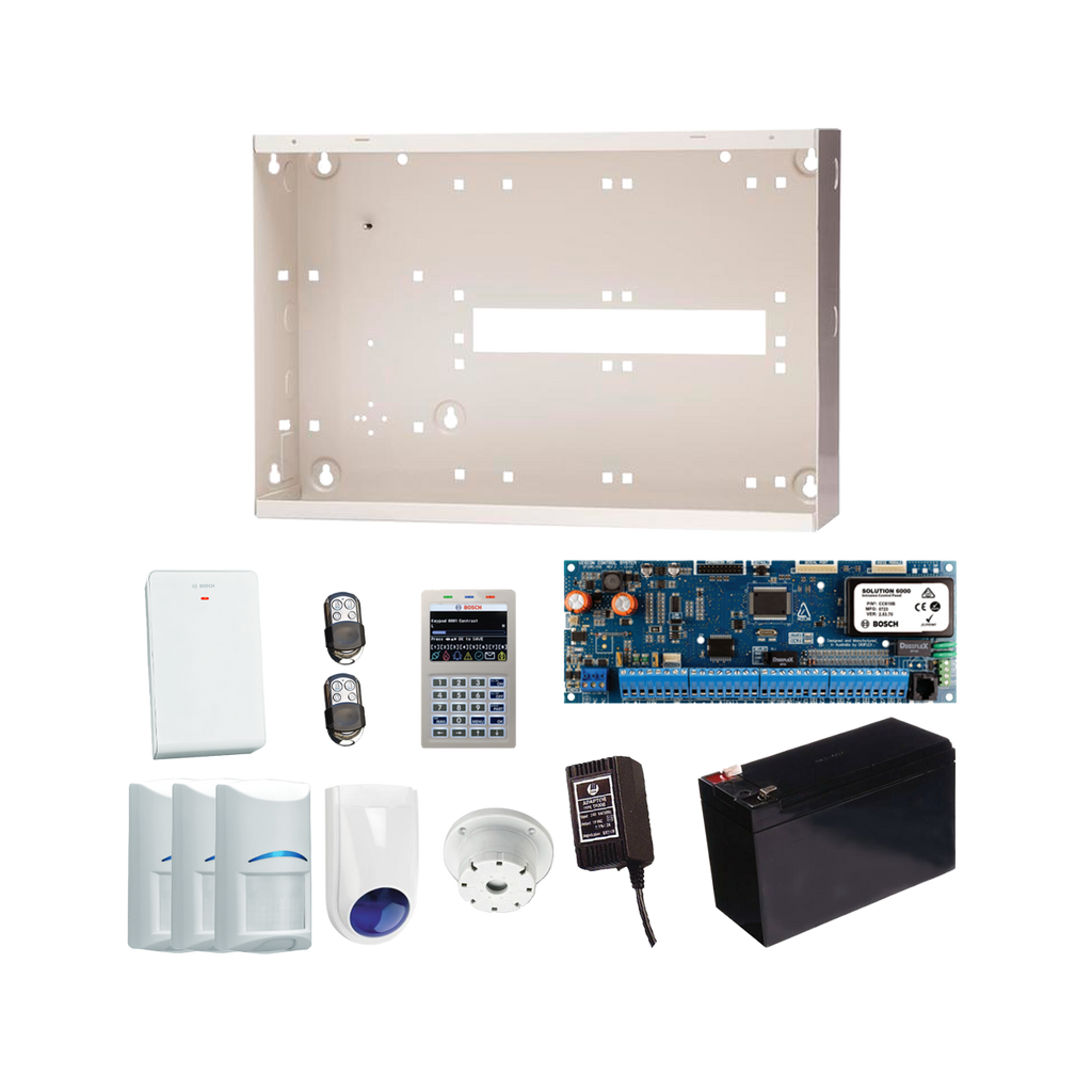 BOSCH 6000 HARDWIRED ALARM KIT INCLUDES 1x SOLUTION 6000 PCB WITH PROX KEYPAD 3x WIRELESS PET PIRs 1x MW350 METAL ENCLOSURE 1x 12V7Ah BATTERY 1x 18VAC POWER SUPPLY 2x PREMIUM 4 BUTTON REMOTES 1x SOLUTION 6000 RADION RECEIVER