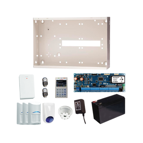 BOSCH 6000 HARDWIRED ALARM KIT INCLUDES 1x SOLUTION 6000 PCB WITH PROX KEYPAD 3x WIRELESS PET PIRs 1x MW350 METAL ENCLOSURE 1x 12V7Ah BATTERY 1x 18VAC POWER SUPPLY 2x PREMIUM 4 BUTTON REMOTES 1x SOLUTION 6000 RADION RECEIVER