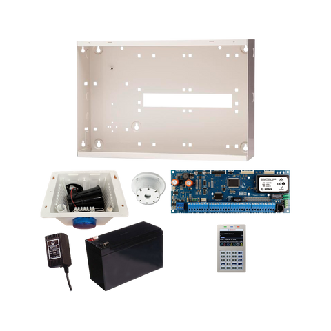 BOSCH 6000 HARDWIRED ALARM KIT INCLUDES 1x SOLUTION 6000 PCB WITH WIFI KEYPAD 1x MW350 METAL ENCLOSURE 1x 12V7Ah BATTERY 1x 18VAC POWER SUPPLY 1x STROBE/SIREN/PIEZO NO PIR
