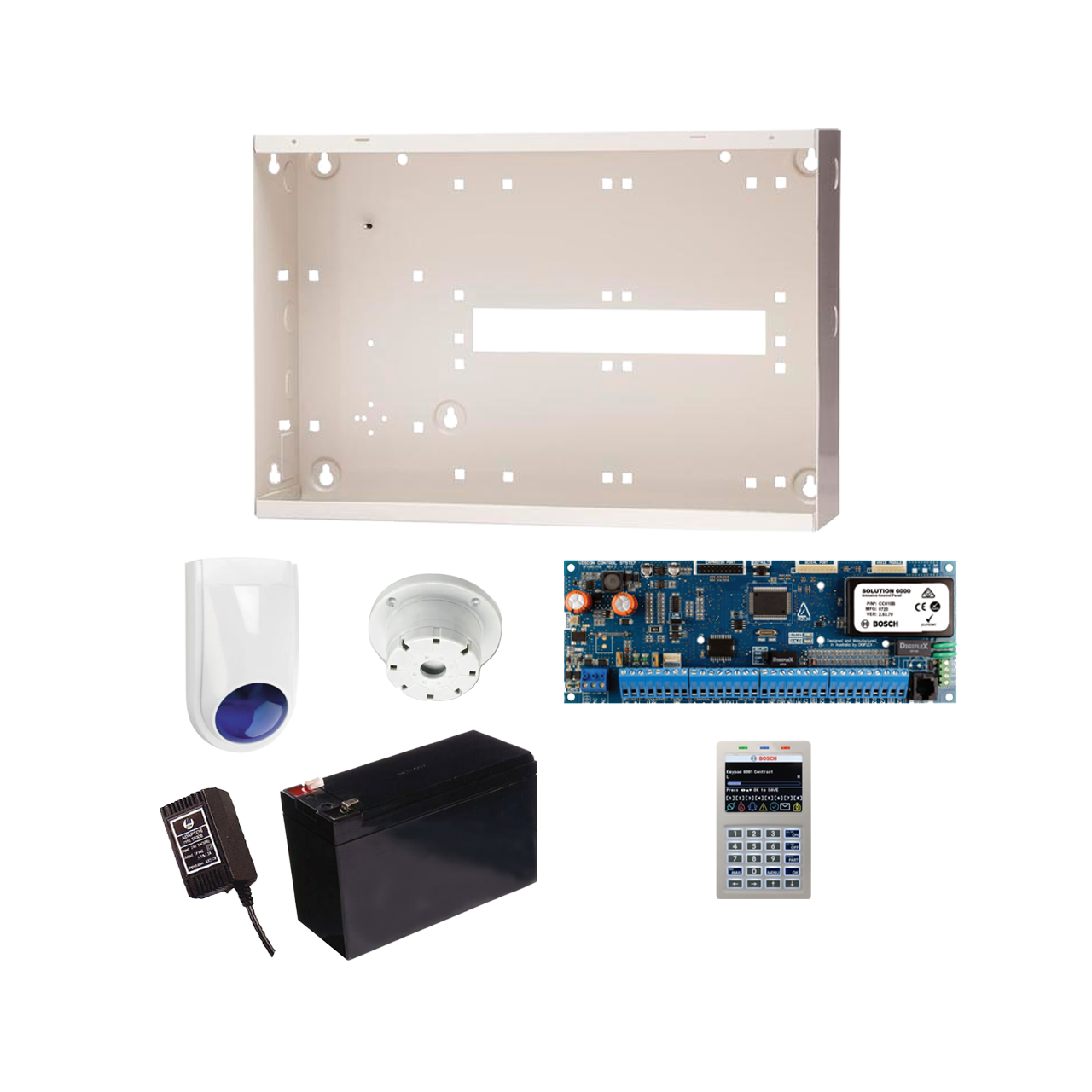 BOSCH 6000 HARDWIRED ALARM KIT INCLUDES 1x SOLUTION 6000 PCB WITH WIFI KEYPAD 1x MW350 METAL ENCLOSURE 1x 12V7Ah BATTERY 1x 18VAC POWER SUPPLY 1x SLIMLINE STROBE/SIREN 1x SURFACE MOUNTED PIEZO NO PIR