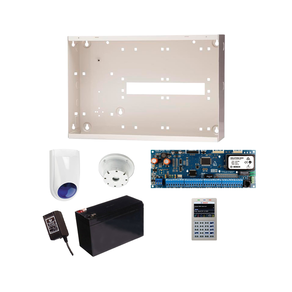 BOSCH 6000 HARDWIRED ALARM KIT INCLUDES 1x SOLUTION 6000 PCB WITH WIFI KEYPAD 1x MW350 METAL ENCLOSURE 1x 12V7Ah BATTERY 1x 18VAC POWER SUPPLY 1x SLIMLINE STROBE/SIREN 1x SURFACE MOUNTED PIEZO NO PIR