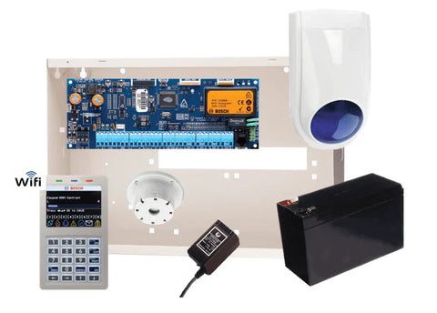 BOSCH 6000 HARDWIRED ALARM KIT INCLUDES 1x SOLUTION 6000 PCB WITH PROX KEYPAD 1x MW350 METAL ENCLOSURE 1x 12V7Ah BATTERY 1x 18VAC POWER SUPPLY 1x SLIMLINE STROBE/SIREN 1x SURFACE MOUNTED PIEZO NO PIR