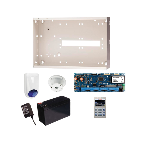 BOSCH 6000 HARDWIRED ALARM KIT INCLUDES 1x SOLUTION 6000 PCB WITH WIFI KEYPAD 1x MW350 METAL ENCLOSURE 1x 12V7Ah BATTERY 1x 18VAC POWER SUPPLY 1x SLIMLINE STROBE/SIREN 1x SURFACE MOUNTED PIEZO NO PIR