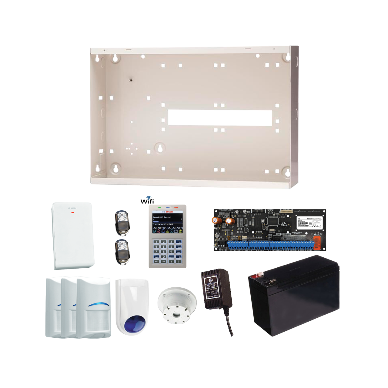 BOSCH 6000-IP WIRELESS ALM KIT INCLUDES 1x SOLUTION 6000-IP PCB WITH WIFI KEYPAD 3x WIRELESS PET PIRs 1x MW350 METAL ENCLOSURE 1x 12V7Ah BATTERY 1x 18VAC POWER SUPPLY 2x PREMIUM 4 BUTTON REMOTES 1x SOLUTION 6000 RADION RECEIVER