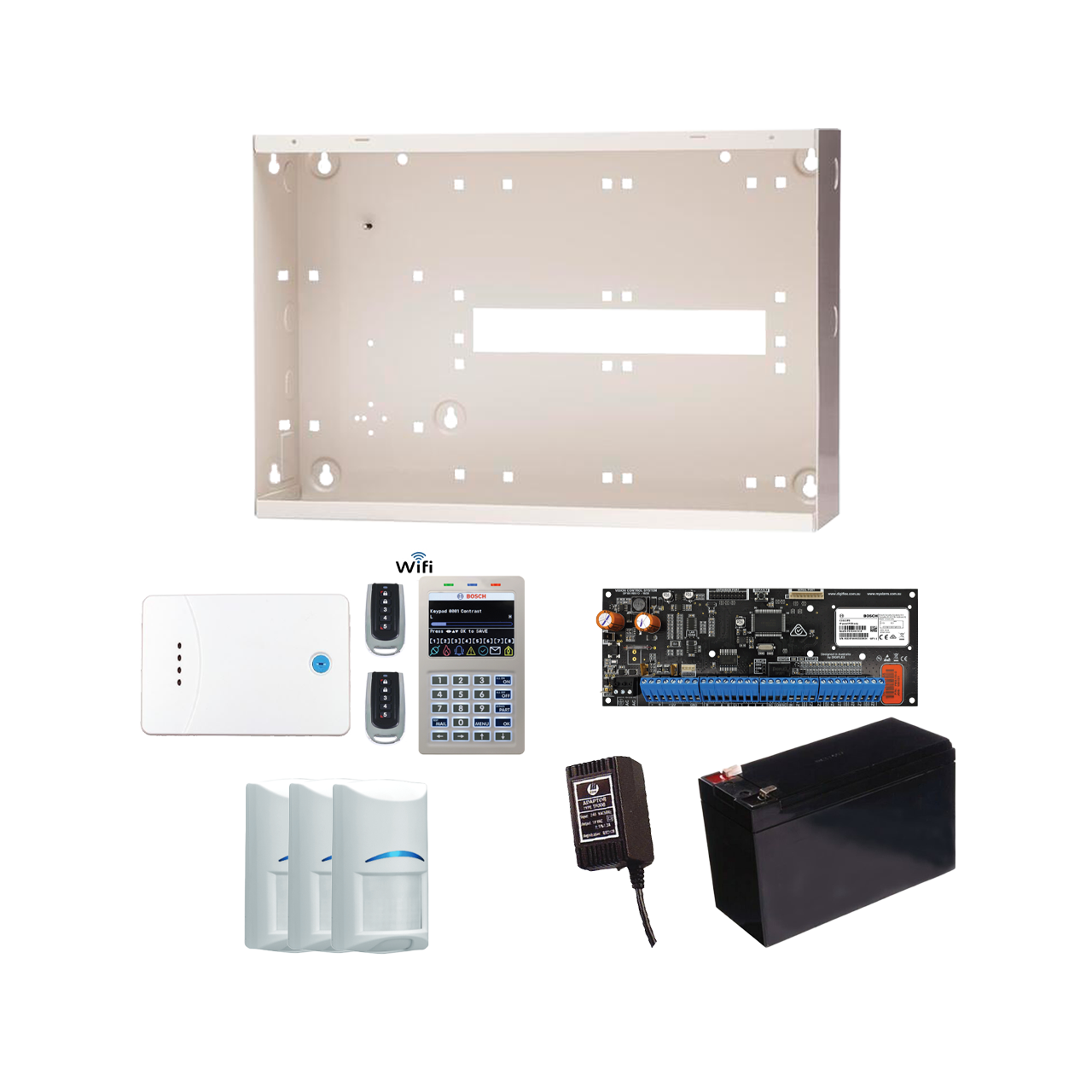 BOSCH 6000-IP WIRELESS ALM KIT INCLUDES 1x SOLUTION 6000-IP PCB WITH WIFI KEYPAD 3x WIRELESS PET PIRs 1x MW350 METAL ENCLOSURE 1x 12V7Ah BATTERY 1x 18VAC POWER SUPPLY 2x 5 BUTTON REMOTES 1x SOLUTION 6000 RECEIVER