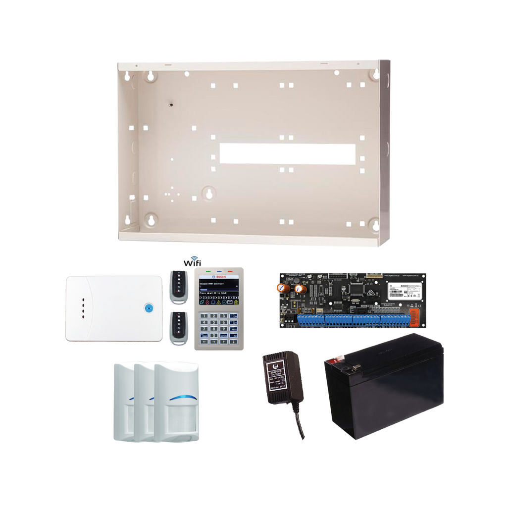 BOSCH 6000-IP WIRELESS ALM KIT INCLUDES 1x SOLUTION 6000-IP PCB WITH WIFI KEYPAD 3x WIRELESS PET PIRs 1x MW350 METAL ENCLOSURE 1x 12V7Ah BATTERY 1x 18VAC POWER SUPPLY 2x 5 BUTTON REMOTES 1x SOLUTION 6000 RECEIVER