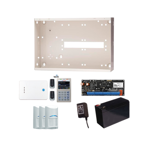 BOSCH 6000-IP WIRELESS ALM KIT INCLUDES 1x SOLUTION 6000-IP PCB WITH WIFI KEYPAD 3x WIRELESS PET PIRs 1x MW350 METAL ENCLOSURE 1x 12V7Ah BATTERY 1x 18VAC POWER SUPPLY 2x 5 BUTTON REMOTES 1x SOLUTION 6000 RECEIVER