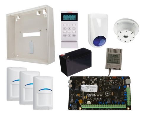 BOSCH 3000 HARDWIRED ALARM KIT INCLUDES 1x SOLUTION 3000 PCB 1x ICON KEYPAD 3x BLUE LINE TRITECH PET PIRs 1x MW250 METAL ENCLOSURE 1x 12V7Ah BATTERY 1x 18VAC POWER SUPPLY 1x SLIMLINE STROBE/SIREN 1x SURFACE MOUNTED PIEZO