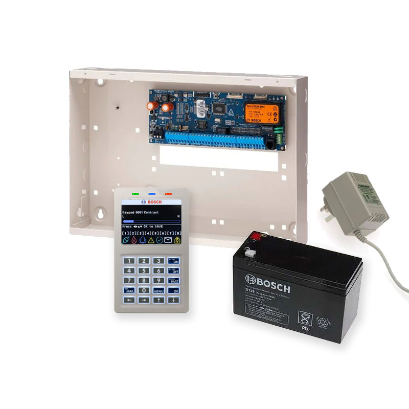 BOSCH 6000 HARDWIRED ALARM KIT INCLUDES 1x SOLUTION 6000 PCB WITH PROX KEYPAD 1x MW350 METAL ENCLOSURE 1x 12V7Ah BATTERY 1x 18VAC POWER SUPPLY NO PIR