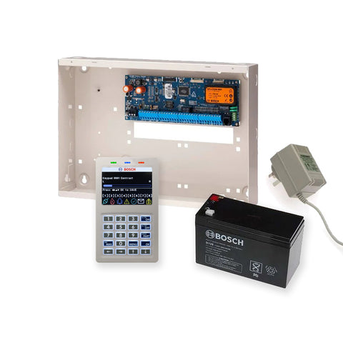 BOSCH 6000 HARDWIRED ALARM KIT INCLUDES 1x SOLUTION 6000 PCB WITH PROX KEYPAD 1x MW350 METAL ENCLOSURE 1x 12V7Ah BATTERY 1x 18VAC POWER SUPPLY NO PIR