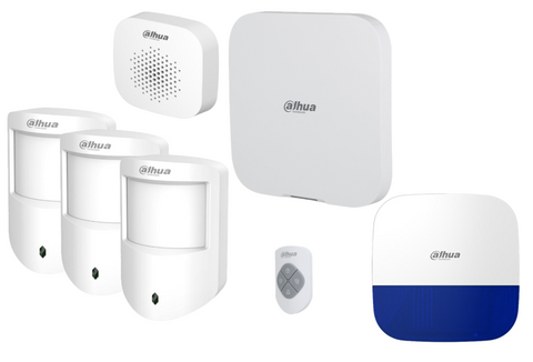 DAHUA AIRSHIELD WIRELESS ALARM KIT INCLUDES 1x WHITE WIRELESS HUB2 ALARM PANEL 3x WHITE WIRELESS PET PIRs 1x 4 BUTTON REMOTES WHITE 1x WHITE OUTDOOR SIREN WITH BLUE STROBE 1x WHITE INDOOR SIREN ALL DEVICES COME WITH LI-ION BATTERIES