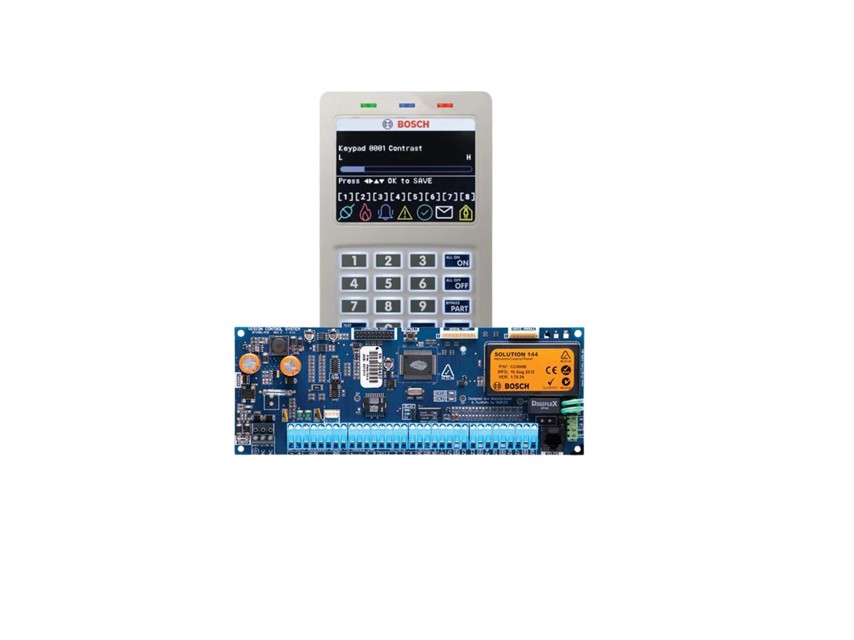BOSCH SOLUTION 6000 HARDWIRED ALARM PANEL PCB BOARD KIT WITH BUILT-IN IP MODULE AND WI-FI KEYPAD 16 x ZONE EXPANDABLE TO 144 ZONES 5 X OUTPUTS EXPANDABLE TO 37 X OUTPUTS 8 AREAS 990 USERS 16 DOORS 2000 EVENTS PCB ENCLOSURE MOUNT 16-18VAC