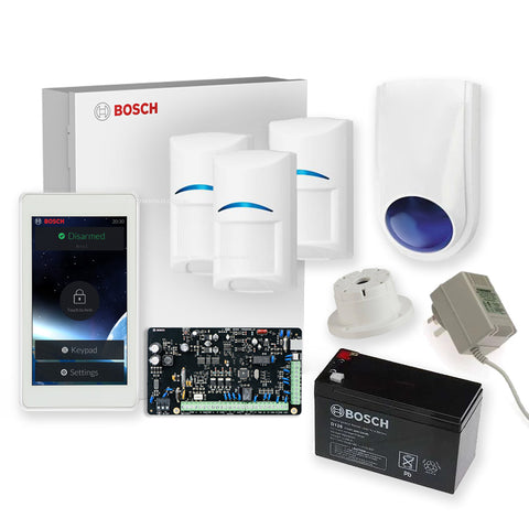 BOSCH 3000 HARDWIRED ALARM KIT INCLUDES 1x SOLUTION 3000 PCB 1x 5" TOUCHSCREEN 3x BLUE LINE TRITECH PET PIRs 1x MW250 METAL ENCLOSURE 1x 12V7Ah BATTERY 1x 18VAC POWER SUPPLY 1x SLIMLINE STROBE/SIREN 1x SURFACE MOUNTED PIEZO