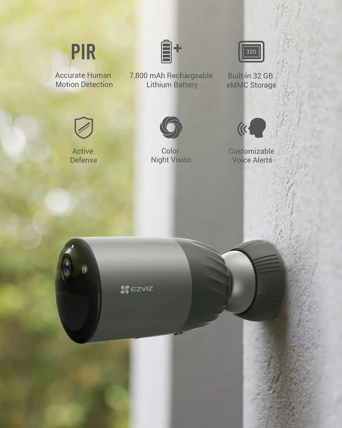 EZVIZ Battery Security Camera Outdoor No Monthly Fee with Free Local Storage 32GB, Color Night Vision, Solar Panel Compatible, 1080P, Human Detection, Two Way Audio, Google Alexa Control (BC1C)