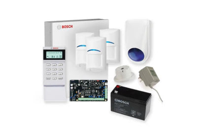 BOSCH 3000 HARDWIRED ALARM KIT INCLUDES 1x SOLUTION 3000 PCB 1x ICON KEYPAD 3x BLUE LINE PIRs 1x MW250 METAL ENCLOSURE 1x 12V7Ah BATTERY 1x 18VAC POWER SUPPLY 1x SLIMLINE STROBE/SIREN 1x SURFACE MOUNTED PIEZO