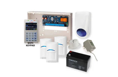 BOSCH 6000 HARDWIRED ALARM KIT INCLUDES 1x SOLUTION 6000 PCB WITH PROX KEYPAD 3x BLUE LINE PIRs 1x MW350 METAL ENCLOSURE 1x 12V7Ah BATTERY 1x 18VAC POWER SUPPLY 1x SLIMLINE STROBE/SIREN 1x SURFACE MOUNTED PIEZO